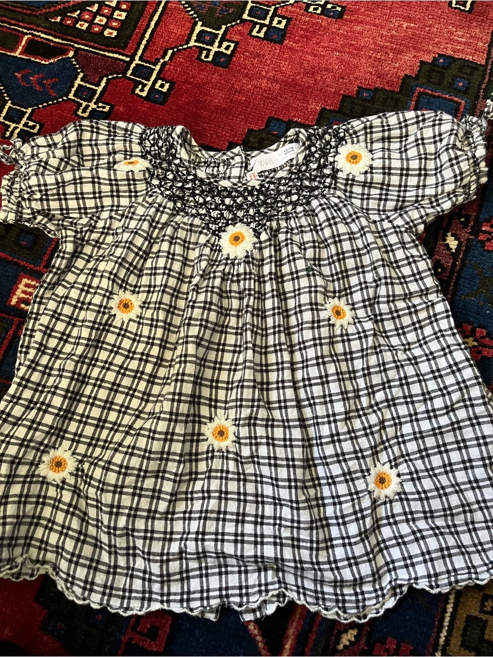 Zara Black & White Checked Smocked Top with Yellow Daisy Embroidery